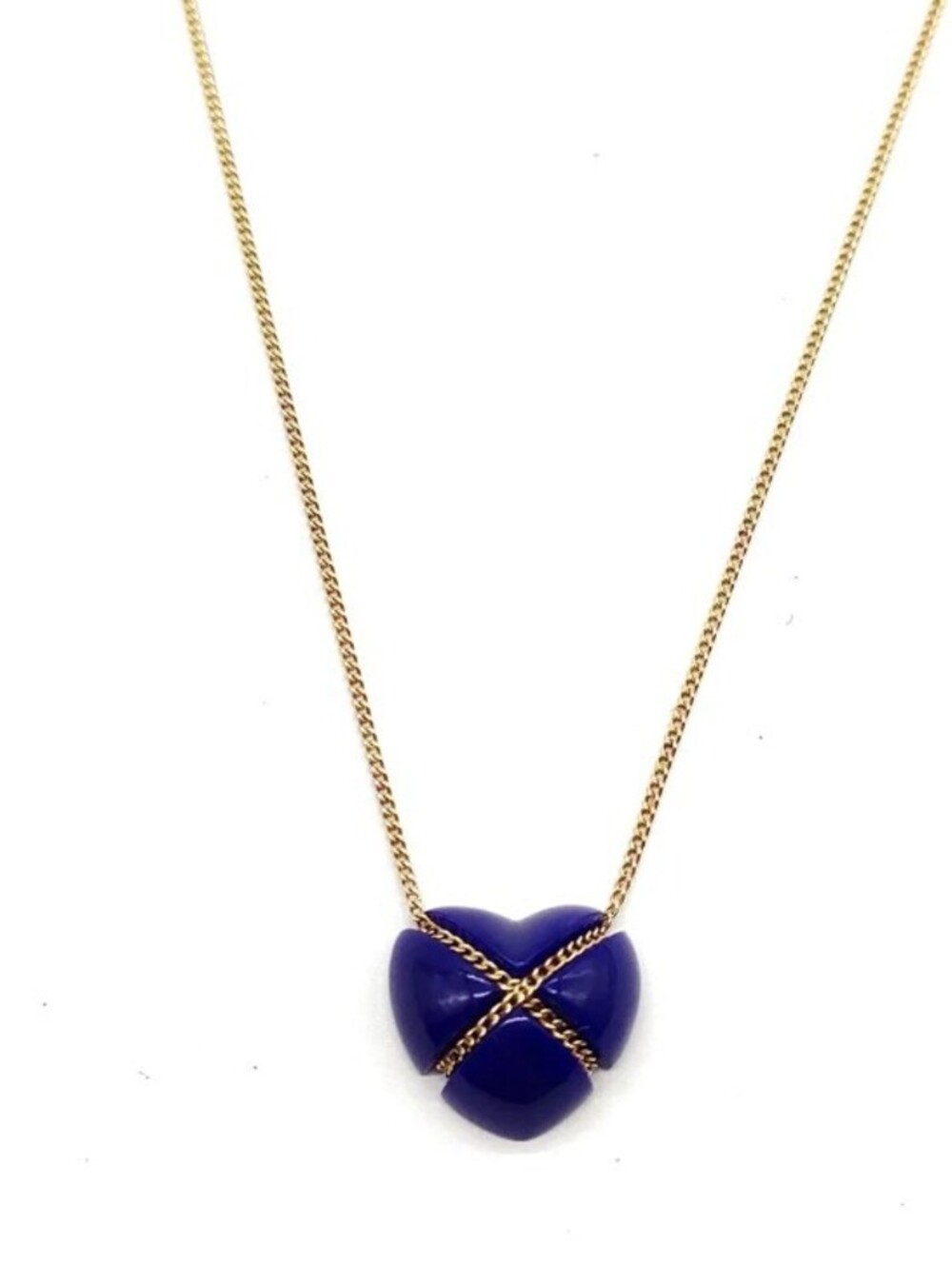 Tiffany & Co. Vintage 18K Yellow Gold Cobalt Blue Enamel Heart Pendant Necklace